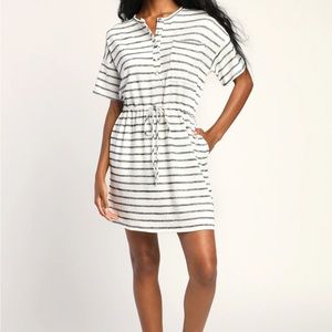 Lulu's Beach Casual White and Black Striped Drawstring Mini Dress